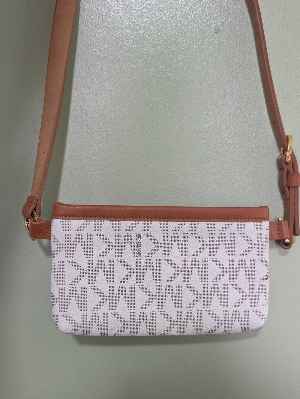 Michael Kors White Logo Crossbody with Tan Trim